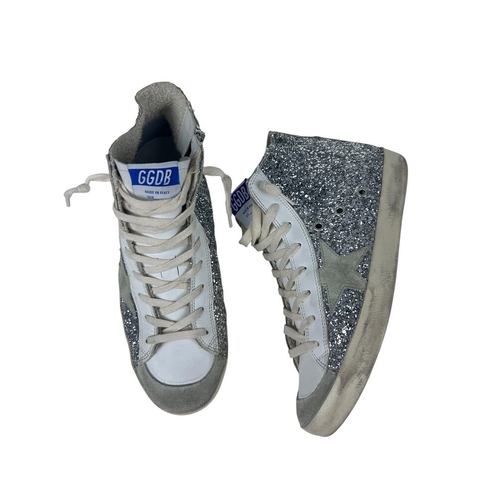 Golden Goose Silver Glitter Francy Midi Side Zip Italian Leather Sneakers 39 9
